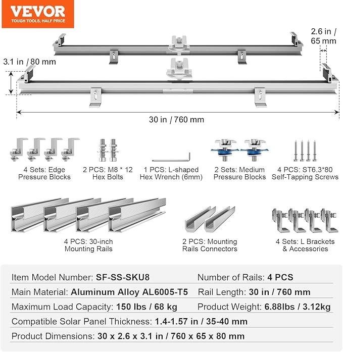 VEVOR Solar Panel Mount Kit with 4 x 30 Aluminum Rails and 6 Clamps for Metal, Concrete, Wood, or Tile Roofs