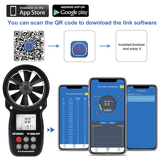 Digital Wireless Anemometer with APP via Bluetooth, Handheld Wind Speed Meter Wind Gauge for Measuring Wind Velocity/Temperature with Backlit, Max/Min/Avg(INFURIDER YF-866APP)