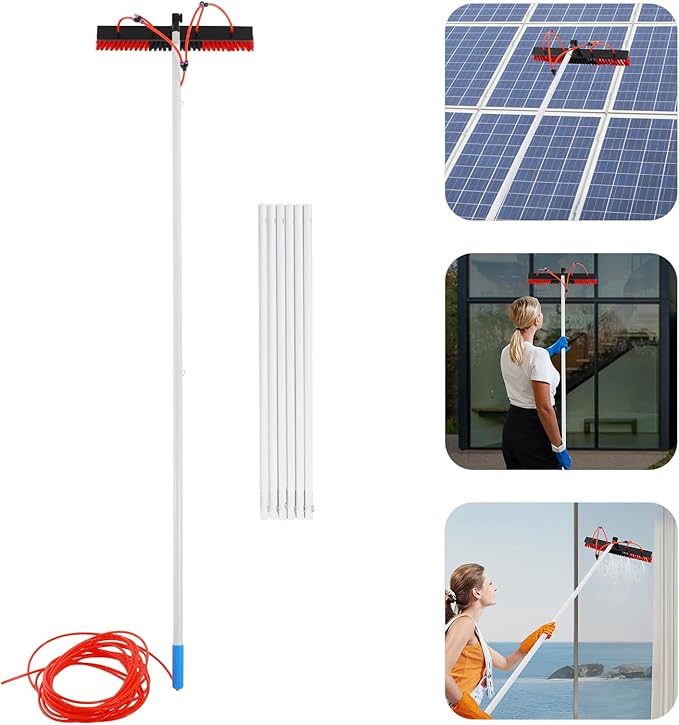 24FT Reach Solar Panel Cleaning Brush Kit, Adjustable Pole Window Cleaning Brush with 180° Rotating Head, 65.6FT Hose Window Washer Tool for Roof, RV, Truck, Car (24ft 13.78x3.15in)