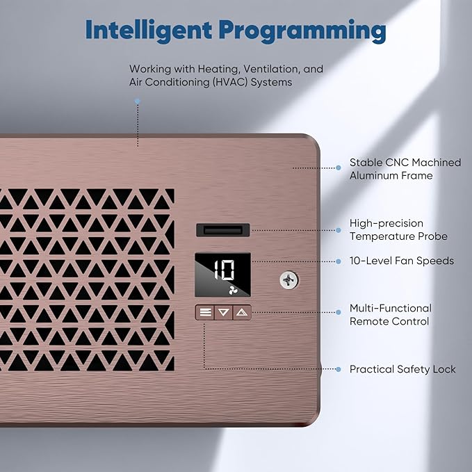 Register Booster Fan for 4" x 10" Register Holes with Remote Control and Thermostat, 10-Speeds Floor Vent Fans Booster - Enhances AC Heating&Cooling Airflow, Quiet Air Duct Fan for Wall, Bronze