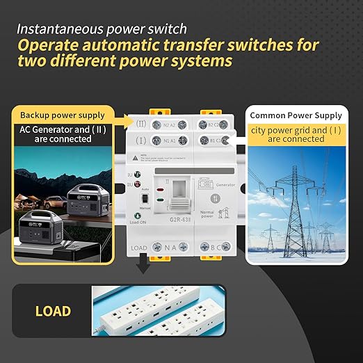 Mini ATS Automatic/Manual Transfer Switch 4P 63A AC110V, Home Generator Manual Transfer for Uninterruptible Power Supply, 3Phas Dual Power Electrical Selector Switch DIN Rail （G2R 4P 63A AC110V）