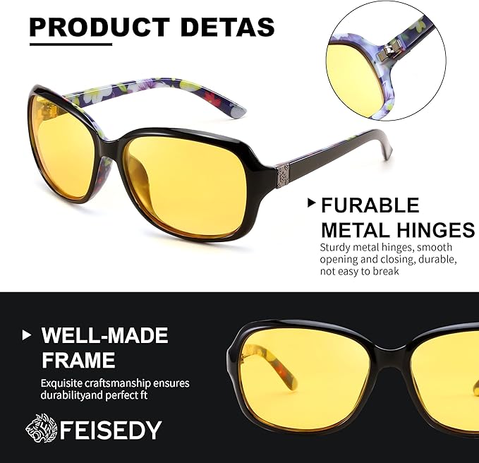FEISEDY Classic Womens Night Glasses Driving Anti Glare Wrap Around Yellow Sunglasses B2548