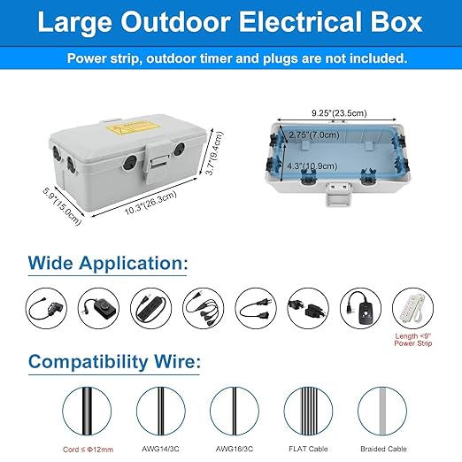 NineLeaf Outdoor Electrical Box,Weatherproof Connection Box w/6 Cable Entry,IP54 Waterproof Extension Cord Cover Protect Power Strips,Timer,Plug,Holiday Lights,10.3x5.9x3.7”,Grey