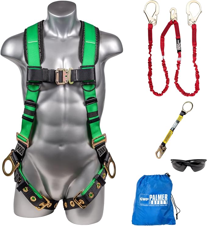 Palmer Safety Fall Protection Safety Harness Kit I Construction Harness + Various Lanyard + D-Ring Extender
