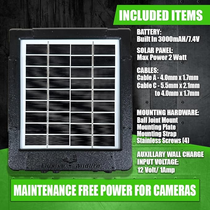 Elusive Wildlife Reaktor Universal Solar Power Pack for Security Camera, Trail Camera, Game Camera Compact Solar Panel with Rechargeable Battery & Mounting Bracket for Hunters 3 watt Panel, 12V, 6V