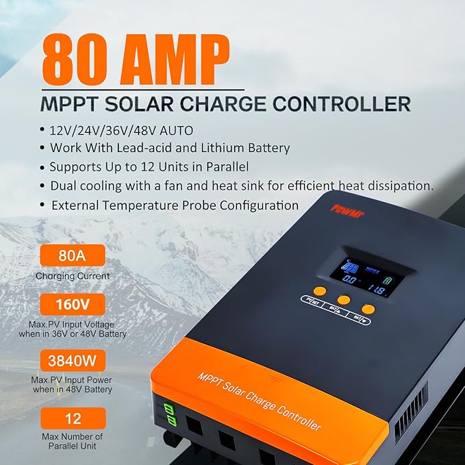 PowMr MPPT 80A Solar Charge Controller 12V/24V/36V/48V Auto, 80Amp Solar Controller Support up to 12 Parallel Connection, Work with Lead-Acid and Lithium Batteries