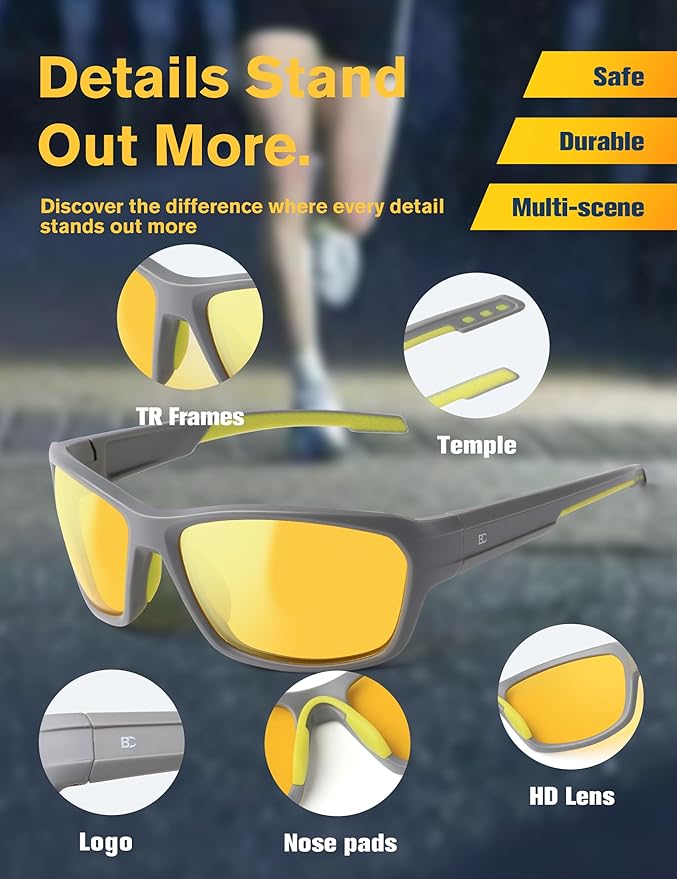 BIRCEN Night Vision Glasses for Driving: Running Cycling Sport Night Anti Glare Yellow Glasses for Men Women