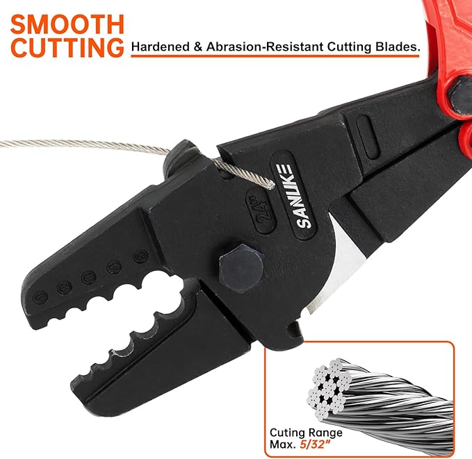 Sanuke 24 Inch Hand Swaging Tool, Wire Rope Crimping Tool 5 Cavity 1/16" 3/32" 1/8" 5/32" 3/16", Crimping and Cutting Combo Cable Crimper, Hand Swager with 50pcs Aluminum Stop Sleeves Oval Sleeves