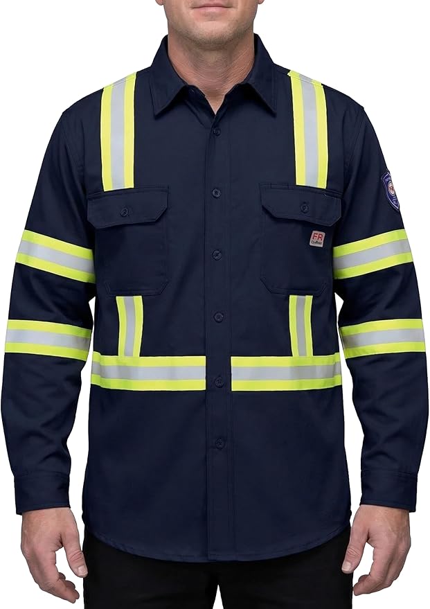 Ubon FR Shirts for Men High Visibility Welding Shirt 100% Cotton Button Down Long Sleeve Safety Workwear 6.5 oz
