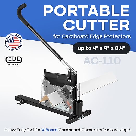 IDL Packaging AC-110 Portable Cutter for Cardboard Edge Protectors up to 4" x 4" x 0.4" Size - Heavy-Duty Tool for V-Board Cardboard Corners of Various Length - Stationary or Fully Portable Use