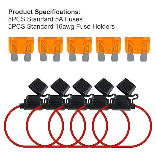 MuHize 5 Pack Inline Fuse Holder, Standard 16AWG Waterproof Fuse Holders with 5A ATC/ATO Blade Fuses, MuHize Fuses Holders for Automotive Marine
