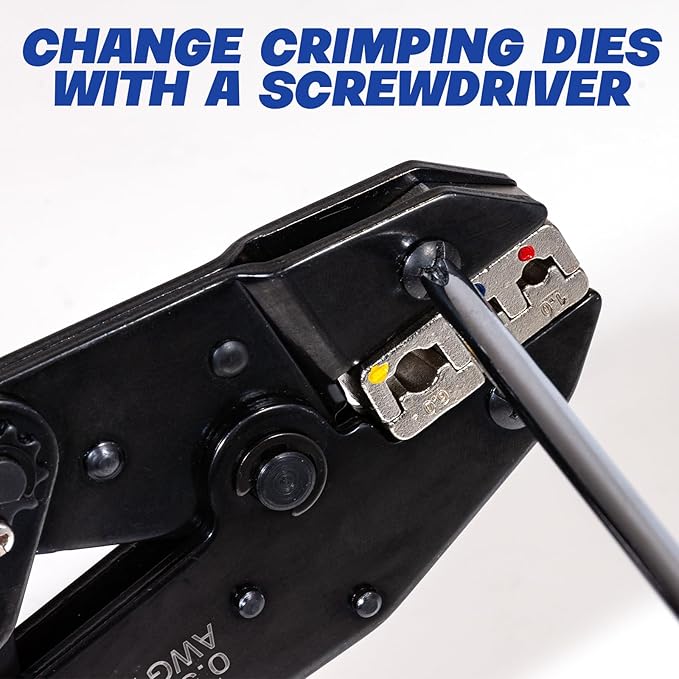Crimping Tool Set, Ratchet Wire Crimper Tool For Heat Shrink, Insulated Nylon,Non-Insulated,Ferrule Wire End, Open Barrel Terminals, Solar Connectors - Crimper with 6 Interchangeable Die