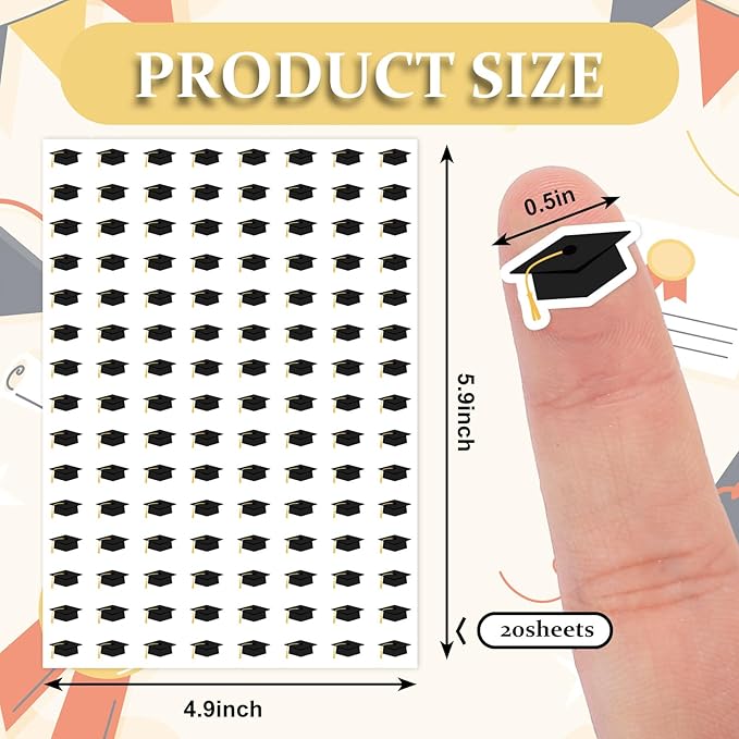 JarThenaAMCS 2400Pcs Mini Graduation Cap Sticker Grad Hat Paper Decal Black Gold Self-Adhesive Sticker for Planner Reward Envelope Scrapbook DIY Supplies, 0.5 in