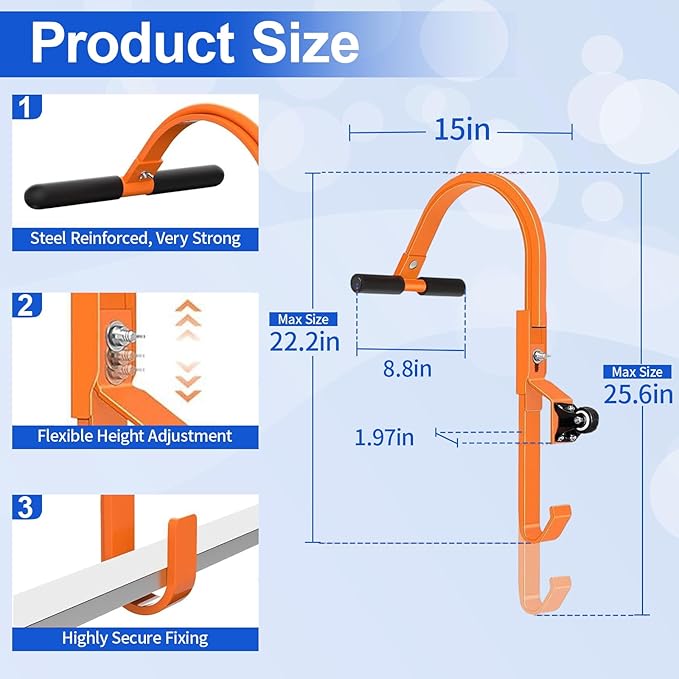 Roof Ladder Hook, 2 Pack Ladder Stabilizer with Wheel, Heavy Duty Steel 500 Lbs Weight Ratin Roof Ridge Extension, Rubber Grip T-Bar for Damage Prevention, Fast and Easy Setup to Access Steep Roofs