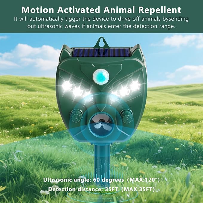 2 Pack 2026 Upgraded Solar Ultrasonic Animal Repellent Outdoor – Motion Activated Deer, Squirrel, Cat, Raccoon, Dog & Bird Deterrent with Multi-Frequency LED Strobe & Ultrasonic Sweep for Yard Garden