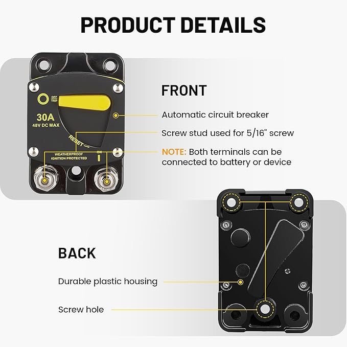 RED WOLF BS6060 60A Amp Circuit Breaker W/Manual Reset Switch DC 12-48V for Car Audio RV Marine Boat Truck Trolling Motors Stereo Audio Electronic Battery Solar System