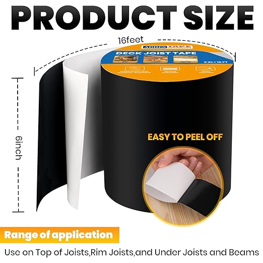 ADHES Deck Joist Tape, 6" x 50', 6 Rolls Weather Resistance & Waterproof Butyl Joist Tape for Decking, Deck Flashing Tape, Ideal for Wood Decks Beams Roof, Outdoor Construction Use
