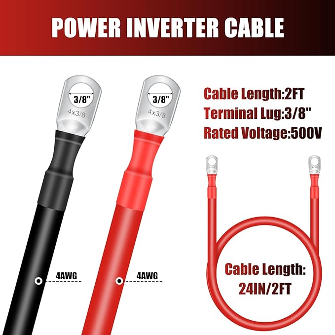 Hoteam 6 Pcs Battery Cable Copper Battery Inverter Cables with Terminals 3/8 Inch Lugs Red and Black Both Ends Power Inverter Wire for Solar Motorcycle Automotive RV Car Boat Marine (4awg,2ft)