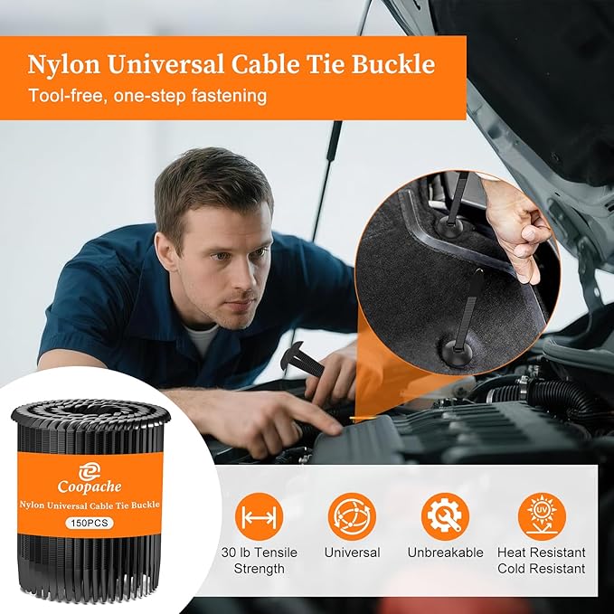 Coopache Nylon Universal Cable Tie Buckle for Car Heavy Duty, Upgraded Automotive Zipper Clips, Strap Style Fender Zip Ties Fasteners, Top Movable Dome (Black 150 PCS)