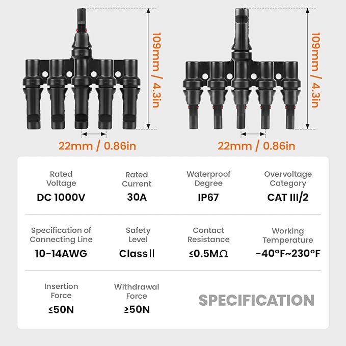 Solar Panel Connector 5 to 1 Solar Y Branch Solar Panel Splitter 5 Way Y Branch Solar Panel Parallel Connectors for Parallel Connection Solar Panels (1 Pair 5 to 1)