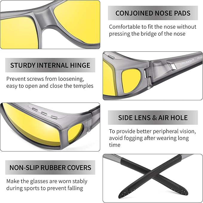 URUMQI Night Vision Driving Glasses Fit Over Eyeglasses for Men Women, Anti Glare Polarized Nighttime Glasses Yellow Lens