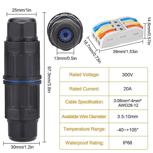 Linkstyle 10PCS Waterproof IP68 Junction Box, Outdoor 3 Way Electrical Cable Connector, with Replaceable Lever Wire Connectors for AWG 28-12 Gauge Wire 3 in 3 Out Quick Terminal