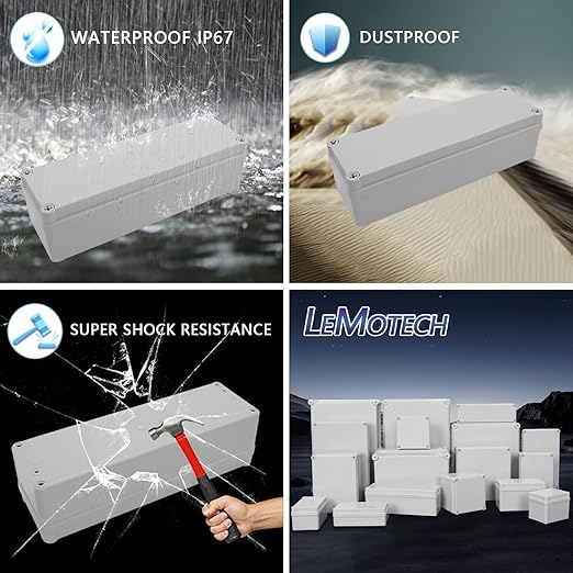 LeMotech IP67 Waterproof Junction Box ABS Plastic Project Box Dustproof Electrical Box Outdoor Enclosure for Electronics DIY Case Gray 9.8X 3.1x 2.8 inch (250x 80x 70 mm)