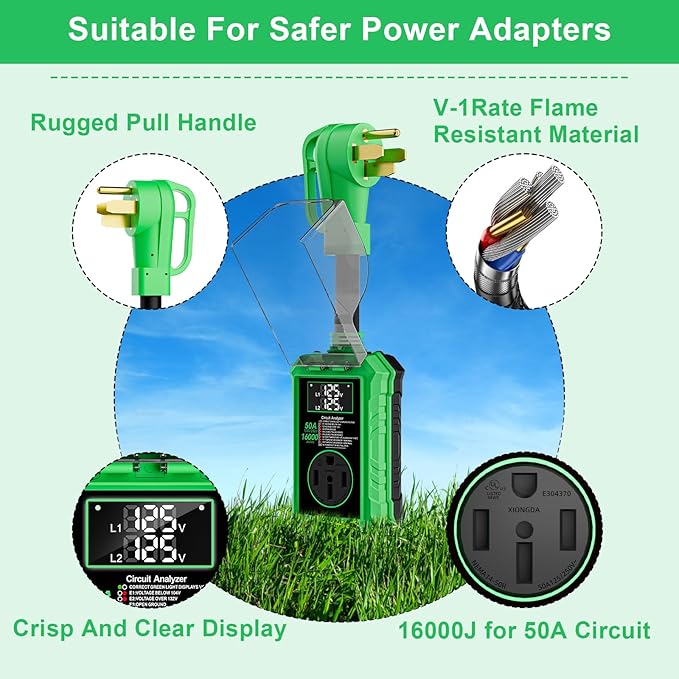 Rv Surge Protectors 50 Amp,16000 Joules Rv Circuit Analyzer with Waterproof Cover Safety Certification Led Display,Rv Voltage Protector for Camper, Travel Trailers (Green, 50A)