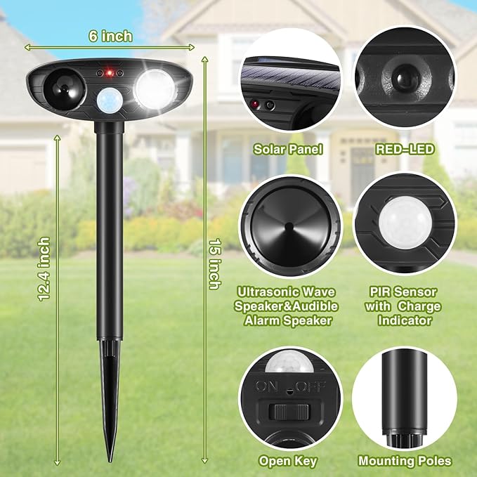2Pack Solar Ultrasonic Animal Repellent Outdoor Cat,Deer Repellent Devices Squirrel Raccoon Rabbit Deterrent,Waterproof Motion Detection with Flash Light for Vegetable Garden,Backyard,Lawn
