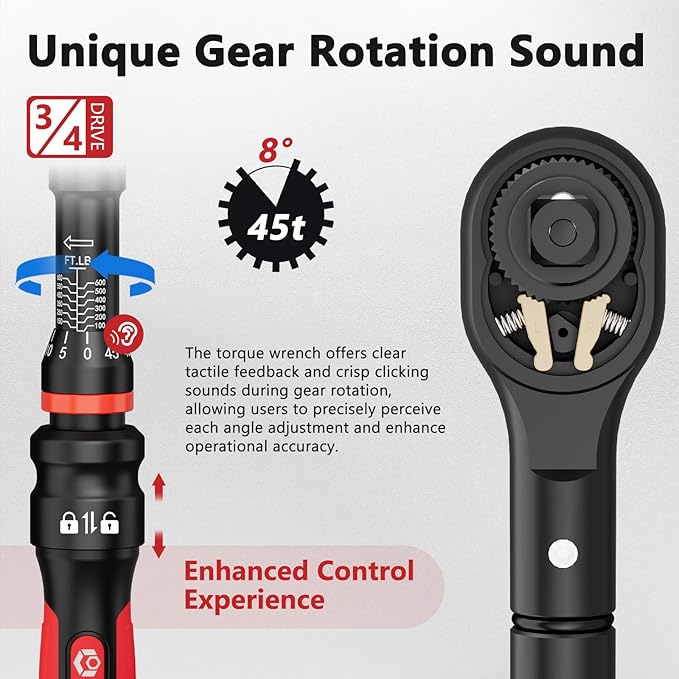VANPO Torque Wrench 3/4-Inch Drive 100-650 Ft-Lb Heavy Duty Click Type for Fleet Maintenance, Semi Truck, Industrial Equipment - TPR+ABS Handle, ±3% Precision, 45-Tooth Ratchet,with Portable Case