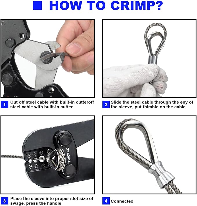 Wire Rope Crimping Tool Kit, Built-in Cutter Swaging Tool, Crimping Loop sleeve from 3/64-inch to 1/8-inch, for Aluminum Oval Sleeves, Double Sleeve