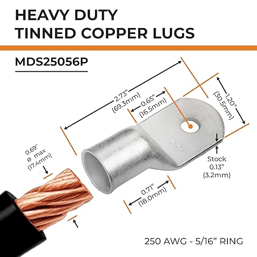 SELTERM 10pcs 250 MCM-5/16" Stud Tinned Copper Wire Lugs, Heavy Duty Battery Cable Ends,250 kcmil Ring Terminals, UL Battery Lugs Marine Grade Copper Eyelets Electrical Battery Terminal Connectors