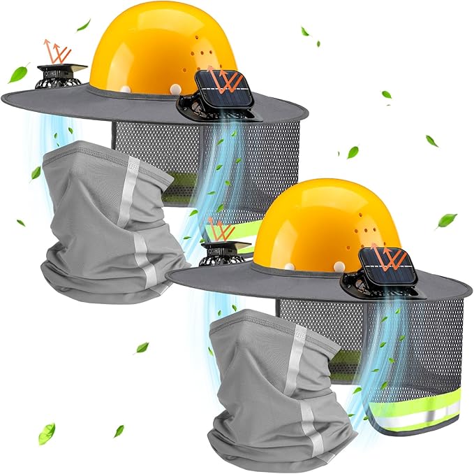 2 Sets Sun Hard Hat Shade Neck Protection with Solar Fans, Full Brim High Visibility Sun Visor Mesh Bandana Scarf for Hard Hat Accessories, Reflective (Medium Gray)