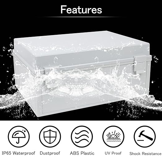 Junction Box IP65 Waterproof Electrical Box Outdoor ABS Plastic Project Box Hinged Shell Universal Enclosure Box with Mounting Plate, Wall Brackets, Cable Glands 15.7" x 11.8" x 7.1"