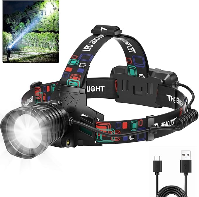 azamine Rechargeable Headlamp Super Bright 99000 Lumens, LED Head Lamp with 3 Modes, 90° Adjustable Head Lights for Forehead, IPX6 Waterproof HeadLamps for Adults Camping Hunting Hiking