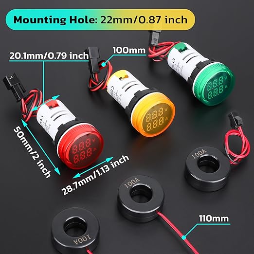 DROK AC Volt Amp Meter, 3pcs AC 60-500V 100A Voltage Current Monitor Digital LED Display Voltmeter 110v 220v Volt Detetor Green Red Yellow Signal Indicator Light Panel