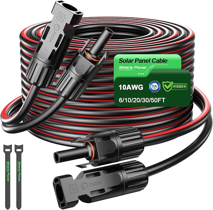 Bateria Power 50Ft 10AWG Solar Panel Extension Cable, 6mm² Twin PV Wire Conductor Parallel Solar Wire Adapter Kit with Waterproof Female & Male Solar Connectors for RV, Marine (Both Ends Installed)
