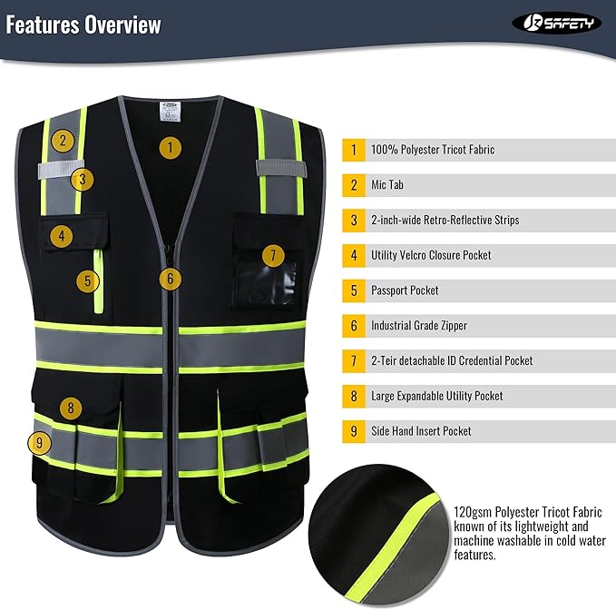 JKSafety 7 Pockets High Visibility Black Safety Vest for Men and Women Zipper Front with Hi-Vis Reflective Strips Meets ANSI/ISEA Standards (130-Black, Medium)