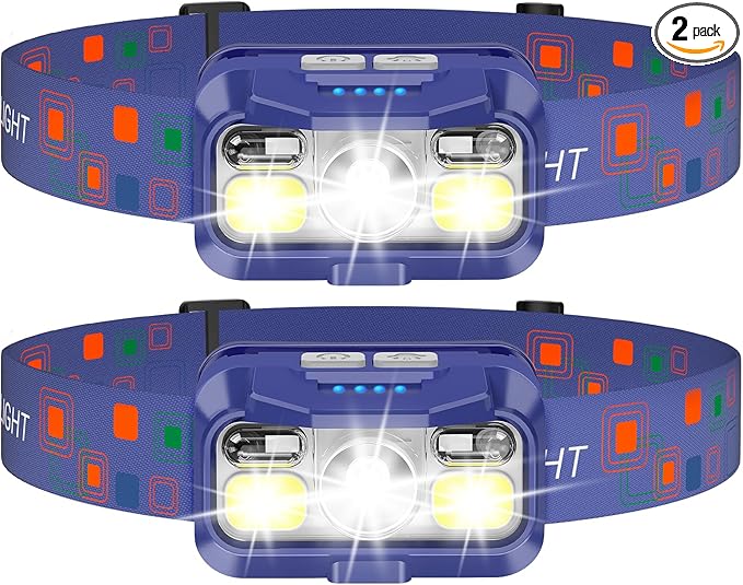 LHKNL Headlamp Rechargeable, Lumen Super Bright Motion Sensor Head Lamp Flashlight,2-Pack Waterproof LED Headlight with White Red Light,8 Modes Head Lights for Camping Cycling Running Fishing-Blue