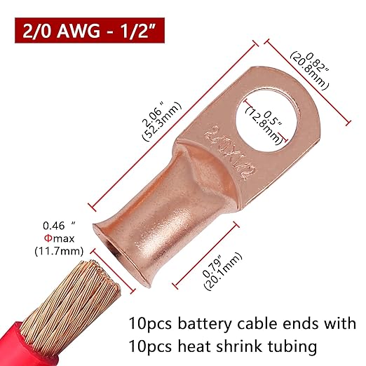 TKDMR 10pcs 2/0 AWG-1/2 Battery Lugs,Heavy Duty Wire Lugs,Ring Terminals,Battery Cable Ends,0 Guage terminals,Battery Terminal Connectors with 10pcs 3:1 Heat Shrink Tubing