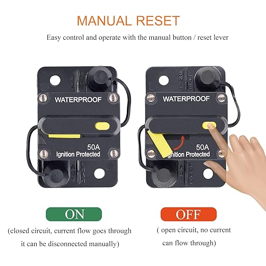 2-Pack 50 Amp Circuit Breaker with Manual Reset, DC 12V - 48V Circuit Protector for Marine Trolling Motor Car Amplifier RV Solar Truck ATV Inverter, Waterproof Surface-Mount Inline Fuse Holder