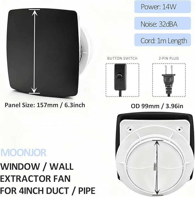 4inch Exhaust Fan, Window Wall Mount Vent Extractor Black Ventilation Fan w/Button Switch, Cord for Kitchen Bathroom Workshop Garage