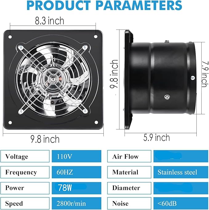 8 Inch Exhaust Fan Metal Ventilation Fan With Switch Window And Wall Mounted Extractor Warehouse Fan With Check Valve For Kitchen, Attic, Garage(Black)
