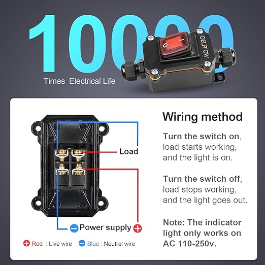 Waterproof On Off Toggle Switch Double Outlet with Red Light Rocker Button Inline Cord Switch DPST AC/DC 20A-125V,16A-250V,30A-24V,35A-12V, IP66