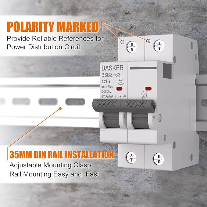 BASKER DC Circuit Breaker, 16 Amp 2 Poles 500V Solar Disconnect Switch for Solar PV System Solar Panels Grid System,Thermal Magnetic Trip,DIN Rail Mount, DC Breaker MCB (16A)