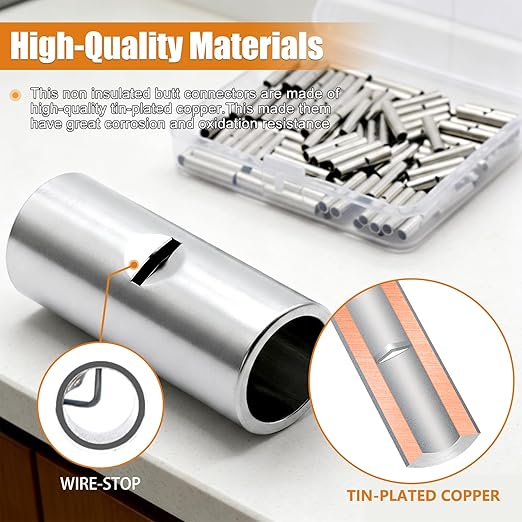 mankk 100PCS Non Insulated Butt Connectors Kit AWG16-14 Tinned Red Copper Butt Connector Uninsulated Butt Connector Wire Crimp Connectors for Electrical Appliances Cars Boats BN2