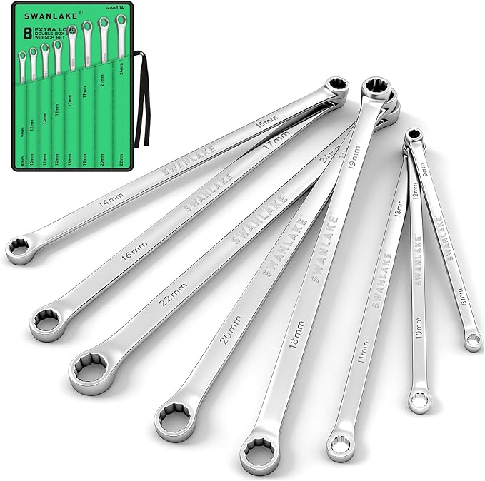 SWANLAKE GARDEN TOOLS 8-Piece Extra Long Double Box-End Wrench Set, Premium 12-Point Metric 8–24 mm, CR-V Steel, 15° Offset, Off-Corner Loading, with Tool Roll Bag