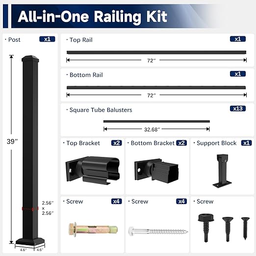 Egadis 36 in. H x 6 ft. W Porch and Deck Railing Kit, Aluminum Stair Railing Kit, Black Textured AAMA 2604 Powder-Coat Finish Railing System for Concrete Steps or Wooden Stairs (1 Post, 1 Panel)
