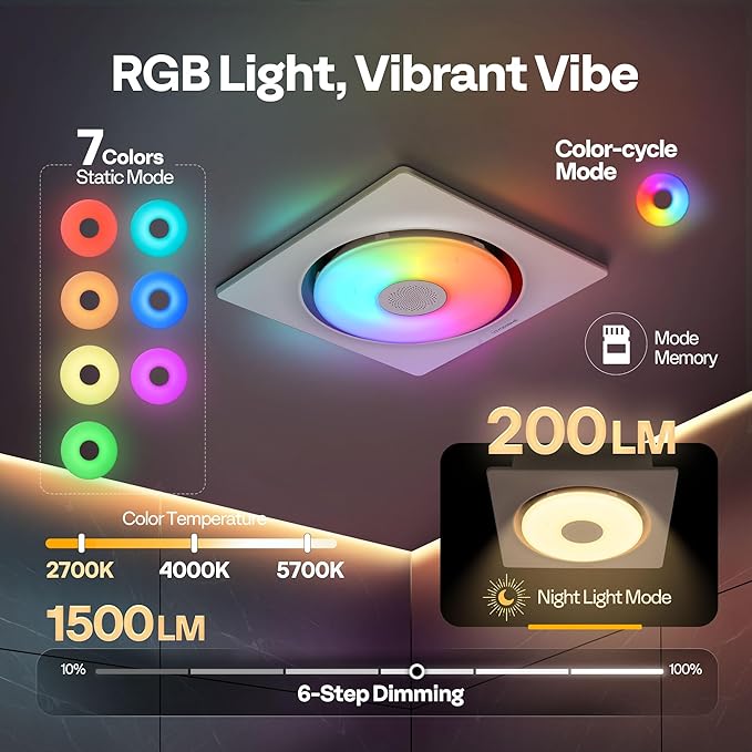 VIVOHOME Bathroom Exhaust Fan with RGB Light & Humidity Sensor (160-110-30CFM) & Bluetooth Speaker - 2700K/4000K/5700K LED Light, EC Motor Retrofit Bath Fan, No Attic Access Needed