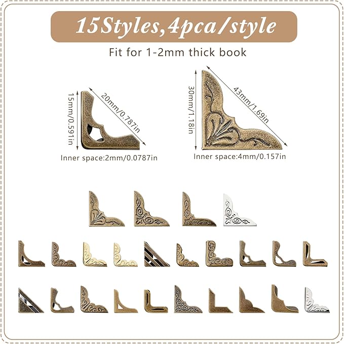Outus 192 Pcs Metal Book Corner Edge Cover Guard Vintage Iron Corner Cover Triangle Carved Decorative Angle Protector Metal Furniture Cover Pad for School Album Scrapbook Notebook